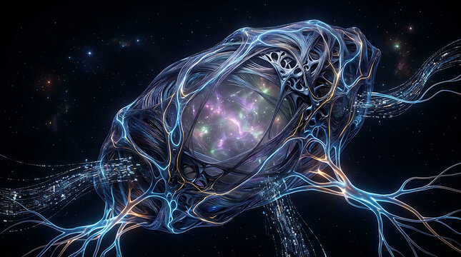 Abstract cosmic artifact, an intricate embryonic egg radiating the vibrant genesis of an unborn universe within its mysterious depths