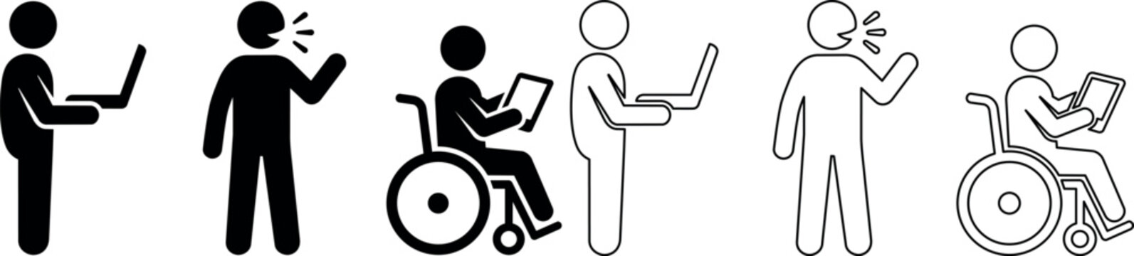 Black and white icons of person standing with laptop, speaking, and person in wheelchair using tablet