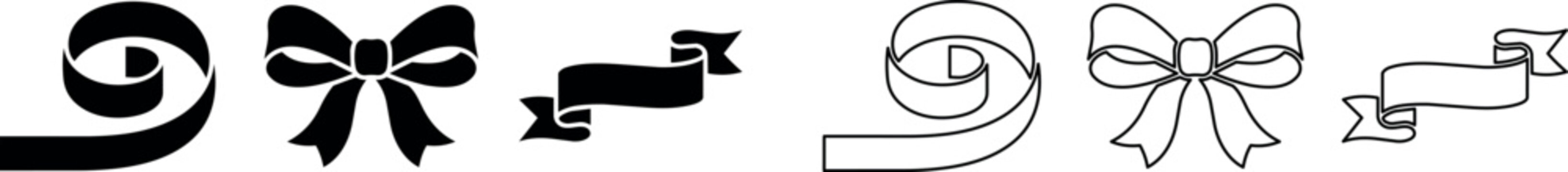 Set of decorative ribbon and bow elements in silhouette and outline styles