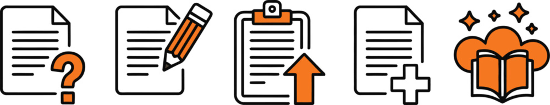 Education icons illustration set, generic orange quiz exam and assignment upload symbols for online learning.