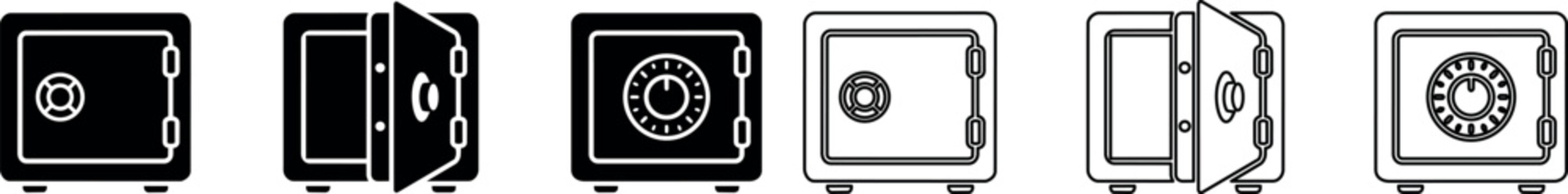 Safe deposit box icons showing closed, open, and combination lock views