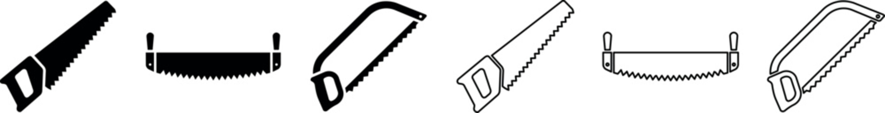 Handsaw icon with straight and curved blade styles in line and filled designs