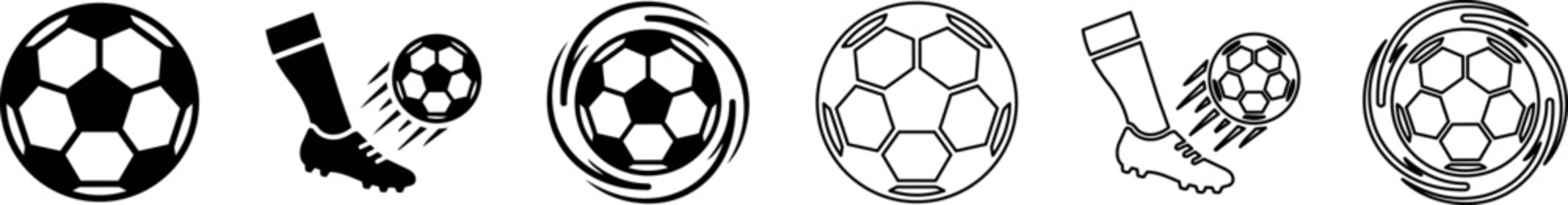 Set of black and white soccer ball and kicking foot icons with motion lines