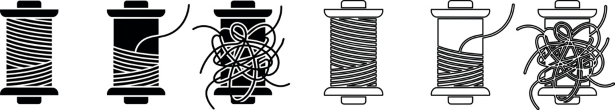 Spool of thread in neat and tangled conditions black and line art icons