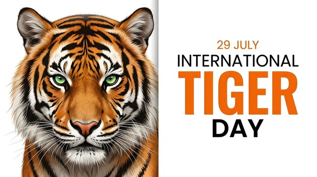 International tiger day 29 july banner design with close up portrait of tiger face and green eyes on white background