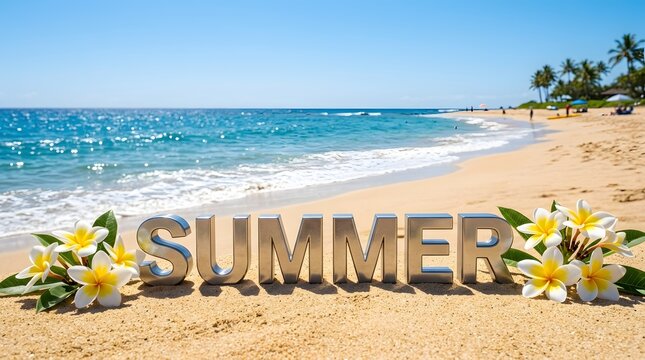 Summer 3d metallic text on sandy beach with tropical frangipani flowers and beautiful ocean background