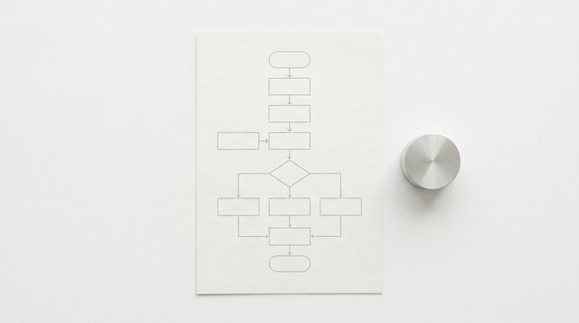 Flow diagram on paper with metal knob on white background showing process steps and decision points in clean layout