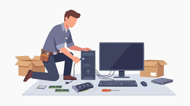 Flat cartoon male computer repair technician in blue uniform sitting at desk fixing desktop computer tower with monitor keyboard and electronic tools spread on workbench vector
