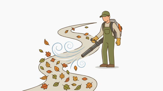 Flat cartoon male gardener in green uniform and cap using backpack leaf blower blowing swirling autumn dry leaves and debris along ground with wind trail on white background vector
