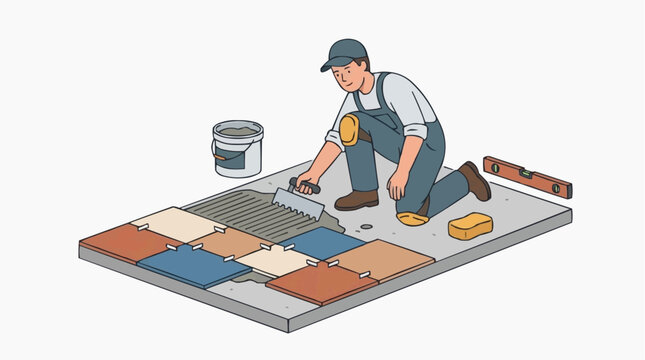 Flat cartoon male tile setter in cap and overalls kneeling on floor carefully placing and laying ceramic floor tiles with adhesive and tools on white background vector
