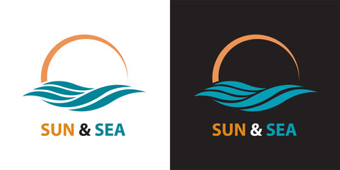 Fototapeta premium abstract sea waves and sun icons isolated on white and black background 