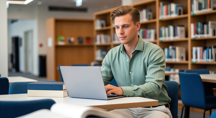 Fototapeta premium Library study session for online class and research paper writing, male learner using laptop with textbook support for course note, exam revision, graduate program preparation and academic focus