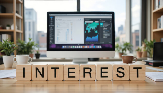 Interest rate theme for finance search covering loan cost, mortgage payment, credit debt, saving income and investment yield decisions for borrower, lender, taxpayer and personal budget use