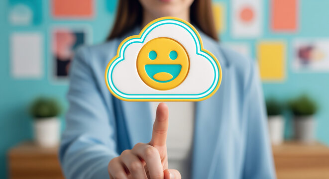 Online satisfaction survey for service feedback, happy face cloud icon selected by office worker suggests support review, user experience score and positive response tracking for help desk team