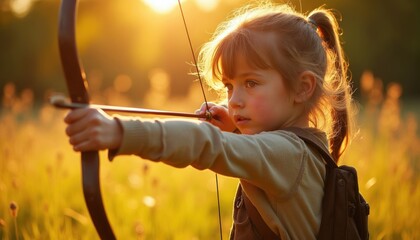 Obraz premium Young girl aims bow and arrow in golden hour field. Child plays archer with wooden bow outdoors. Girl focuses on target in sunny grass meadow. Sporty childhood adventure.