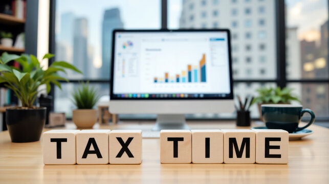 Tax time business return filing season preparation representing corporate accounting audit declaration and employee internal revenue service refund application checklist presentation