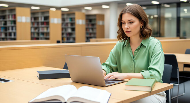 University student preparing academic research paper or studying for exam using computer in library, higher education coursework and information science textbook literacy on table