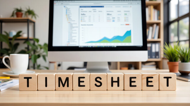 Timesheet employee software hour tracking log template representing corporate clock in payroll wage calculation and remote worker attendance log dashboard interface creation