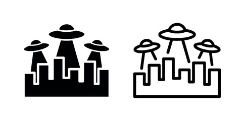 UFOs invading city icon, alien invasion concept over cityscape, science fiction and mystery. © liubomir118809