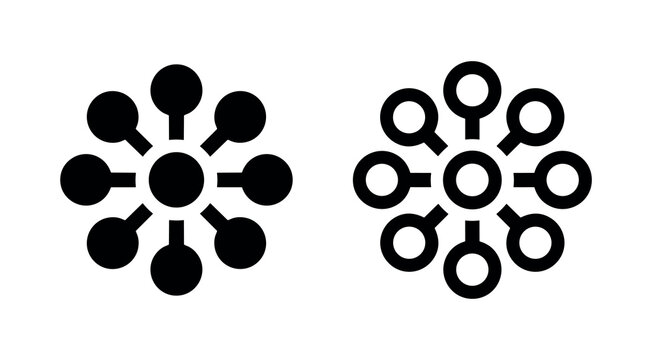 Centralized network hub icon, distributed connection symbol, communication and data technology.