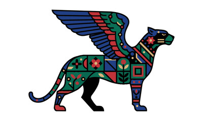 Fototapeta premium Stylized mythical hybrid creature with bird wings and feline body decorated with symmetrical geometric patterns and floral motifs on a white background design concept