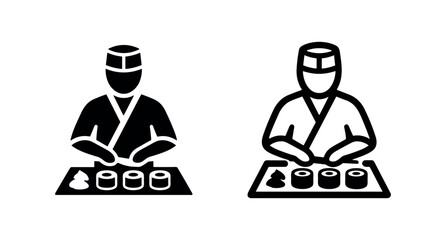 Sushi chef preparing rolls icon set, Japanese culinary expert © liubomir118809