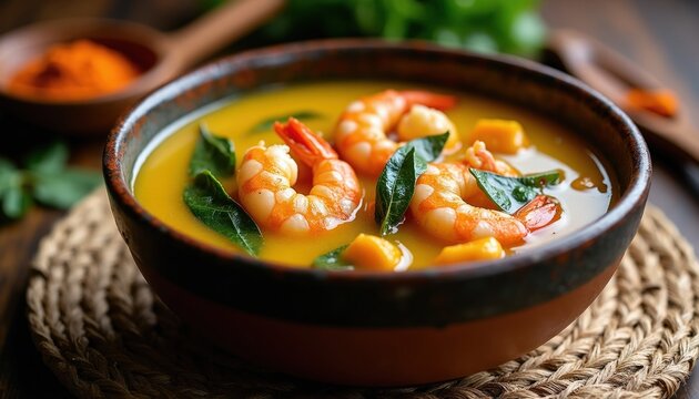 Hot bowl of tacaca shrimp soup with jambu leaves and chunks of pumpkin. Traditional Brazilian comfort food served in rustic clay pot with textured mat. Savory broth with seafood.