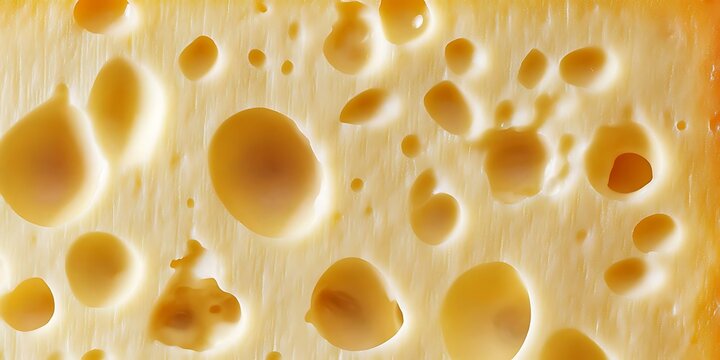 Close up detailed texture of swiss cheese with many holes and airy bubbly structure illuminated from behind.