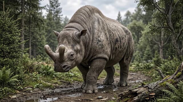 Brontotherium (Brontotherium hatcheri), Eocene, accurate scientific representation, massive prehistoric mammal with Y-shaped horn