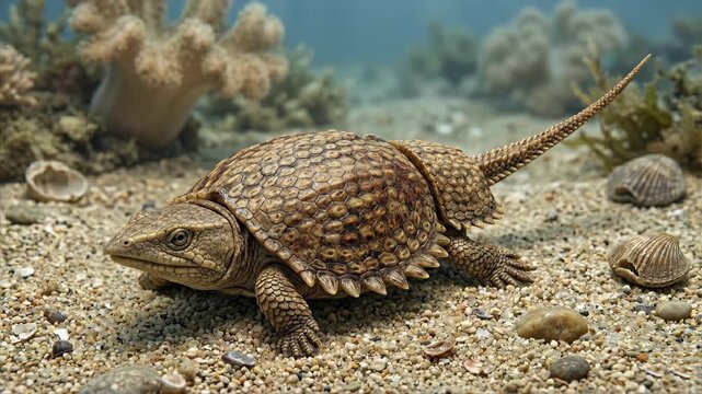 Cyamodus (Cyamodus hildegardis), Triassic, accurate scientific representation, armored placodont reptile on sandy seabed