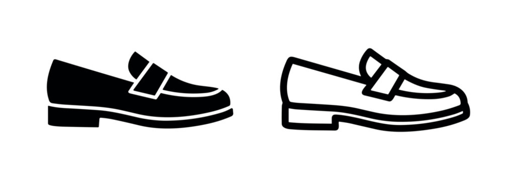 Classic loafer shoe icon set in solid and outline style. Men's or women's slip-on footwear.