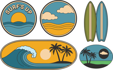 Obraz premium Retro Surf Beach Sunset and Surfboard Graphics, surf, surfing, beach, ocean, wave, sunset, sunrise, palm trees, surfboards, retro