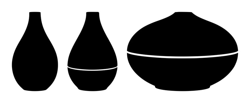 Aromatherapy oil diffuser set with solid black icon on white background featuring aromatherapy, oil, diffuser with minimalism and simplicity
