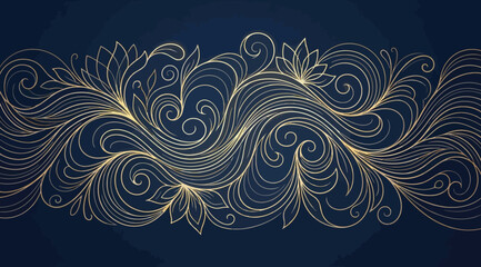 Elegant golden floral filigree pattern on dark blue background © Saharia