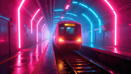 Fototapeta premium Train waits on platform in subway tunnel. Neon lights glow pink and blue. Futuristic metro station with wet floor reflects bright colors. Commute in the city.