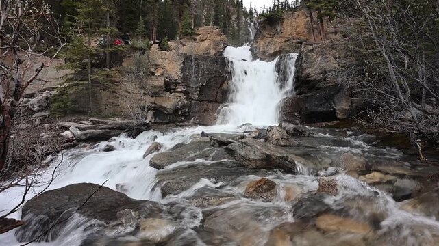 Tangle Creek Falls Multi-Tiered Waterfall on Rocky Limestone, Icefields Parkway, Jasper National Park