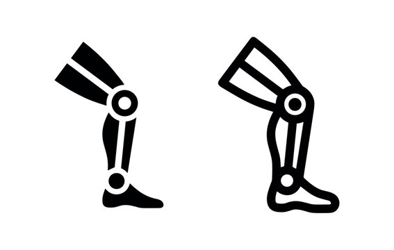 Prosthetic leg icon set. Black and white vector illustration of a robotic or bionic limb.