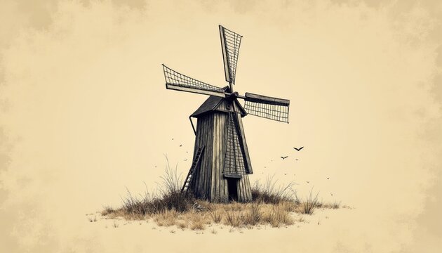 Old wooden windmill drawing on beige background. Sepia tone illustration shows rural countryside scene with dry grass field and birds flying in sky. Vintage farm structure graphic art.