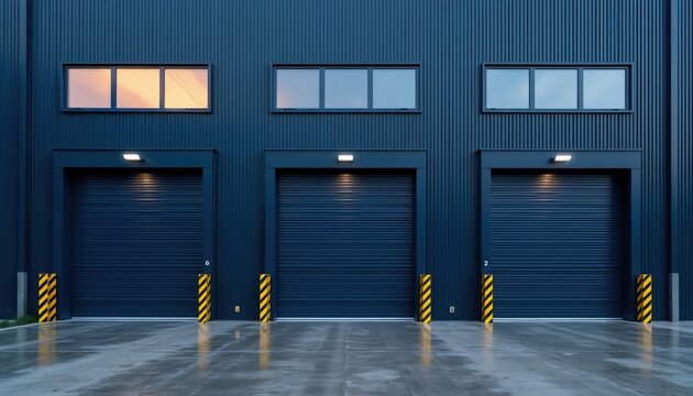 Dark blue industrial building shows three closed roller doors and windows. Concrete floor reflects lights from outdoor lamps on facade. Exterior warehouse or factory wall.