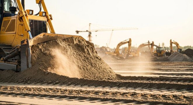 Yellow bulldozer leveling sand at construction site during golden hour, heavy machinery work, industrial progress
