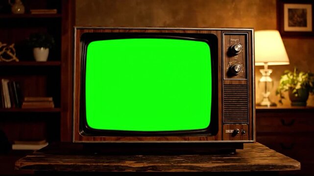 Vintage television set with static screen on a wooden table in a dimly lit room