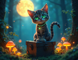 Fototapeta premium Cute tabby kitten sits on old chest in magical forest at night. Glowing mushrooms and full moon create whimsical atmosphere. Cat wears jeweled collar. This fantasy scene.