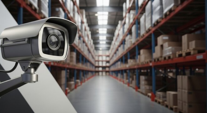 Security camera monitors warehouse logistics and inventory control with advanced surveillance technology