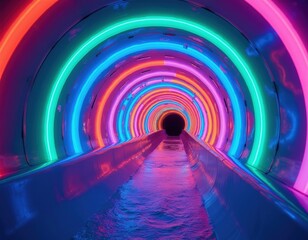 Fototapeta premium Inside glowing neon tunnel of water slide attraction. Colorful lights in abstract psychedelic pattern. Futuristic fun ride, nobody inside. Wet water slide path.