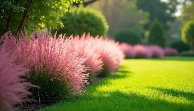 Line of pink muhly grass borders manicured lawn in sunlight. Rich green plants and ornamental plants create beautiful landscape garden view. Autumn nature scene with vibrant colors.