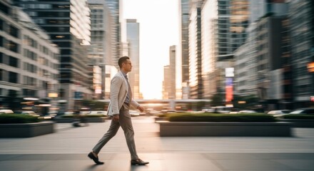 Fototapeta premium Man in Casual Business Attire Walks Confidently Through a Blurry, Modern Megacity at Golden Hour