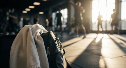 Naklejka premium White Towel on Gym Bag in Sunlit Workout Space with Silhouetted People Exercising