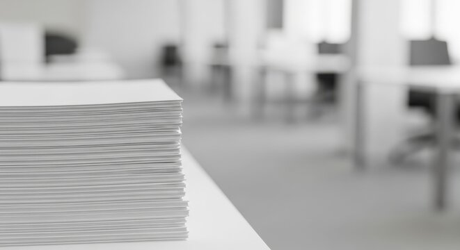 Stack of White Paper on Minimalist Office Desk, Clean Workspace Background for Modern Business Concepts