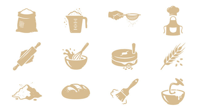 Beige kitchen utensils and bread dough preparation icons