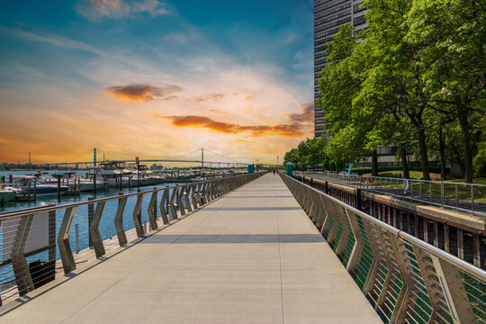 A gorgeous landscape along the Detroit River on the riverwalk in Detroit Michigan USA